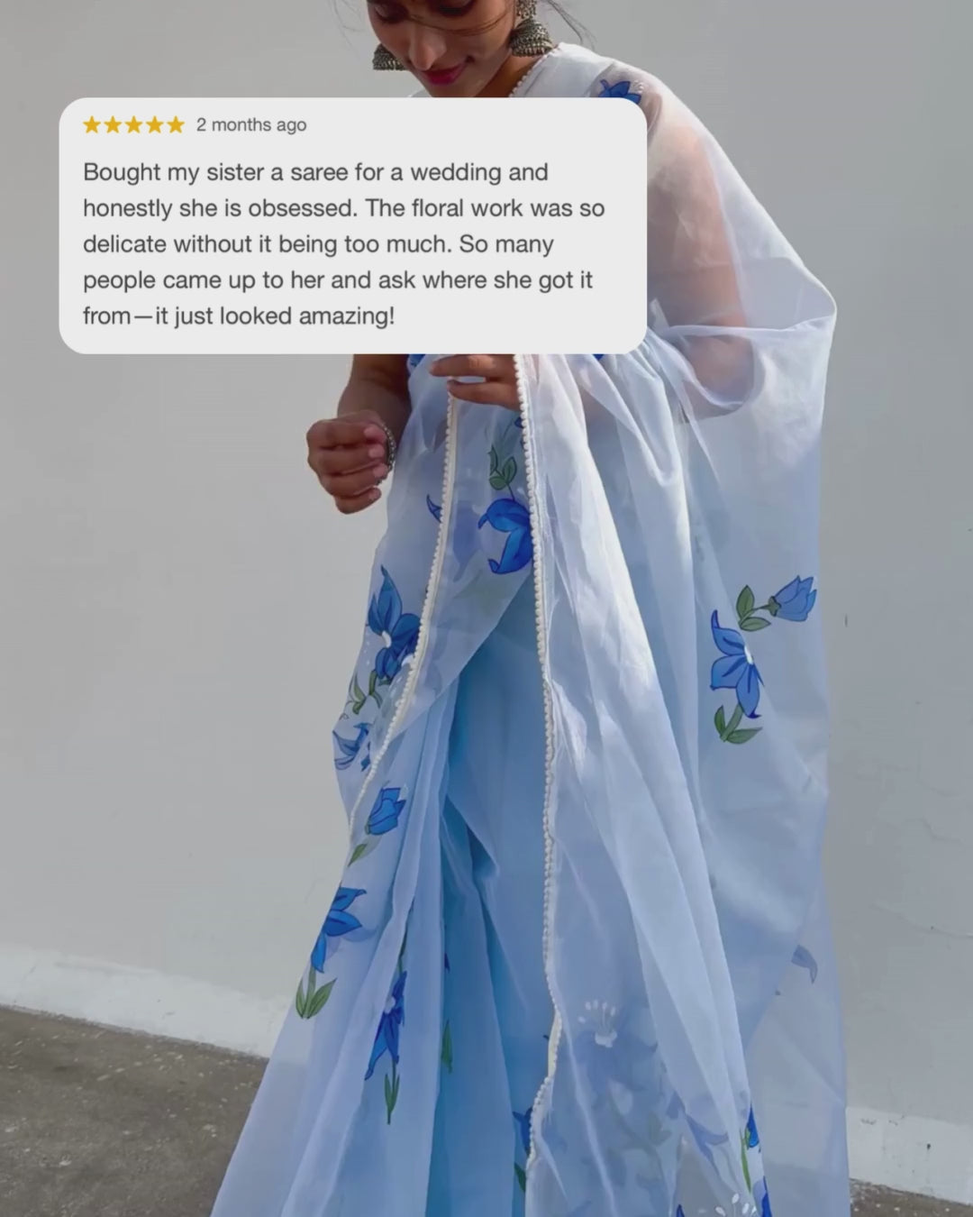 hand painted saree in pure organza silk by noor by hansa in sky blue colour paired with a white blouse piece