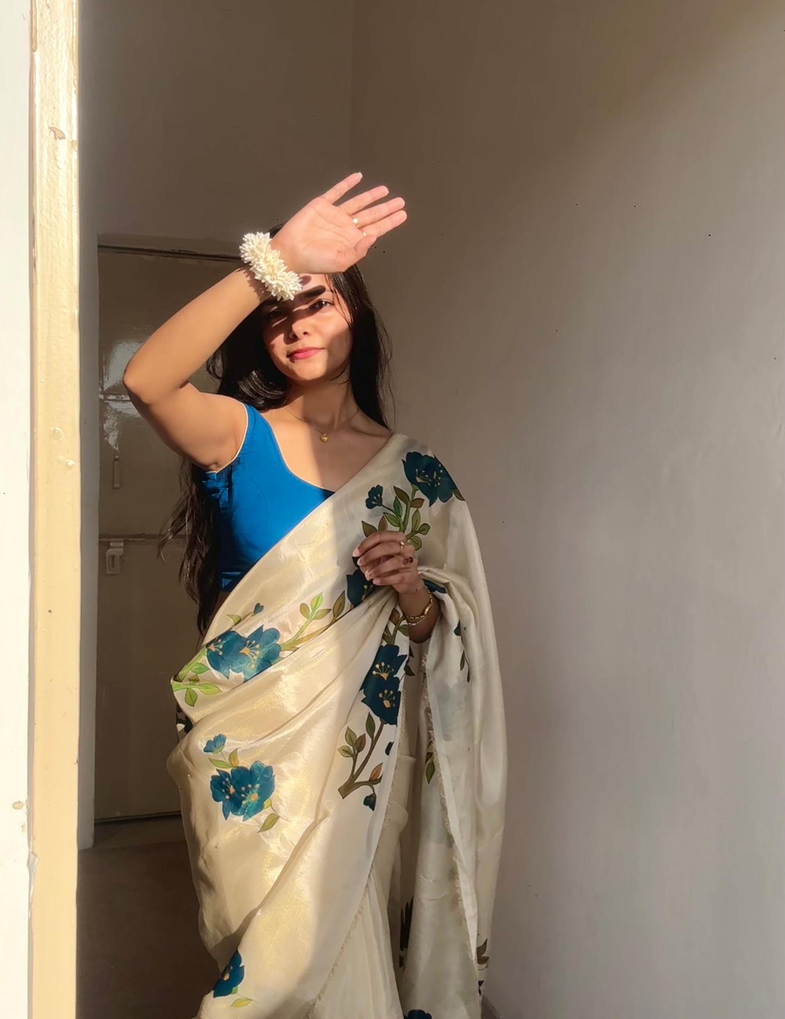 noor by hansa hand painted saree on gold tissue fabric